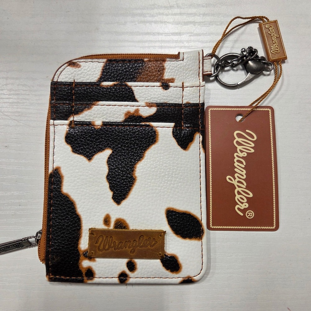 Wrangler Cow Print Card Holder Wallet Keychain Faux Leather Western Brown White